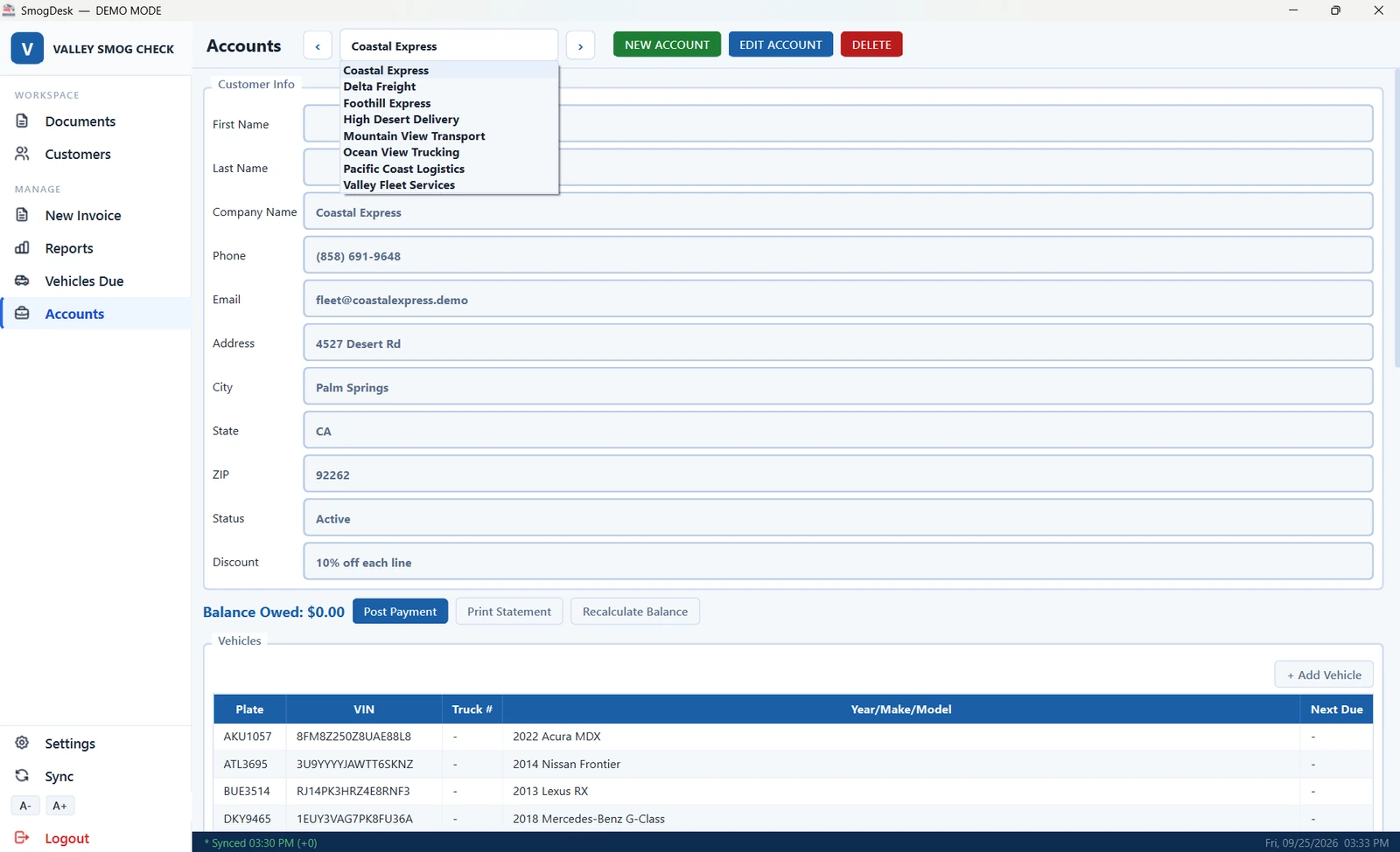 Accounts screen showing a fleet account's details, balance owed, and vehicles