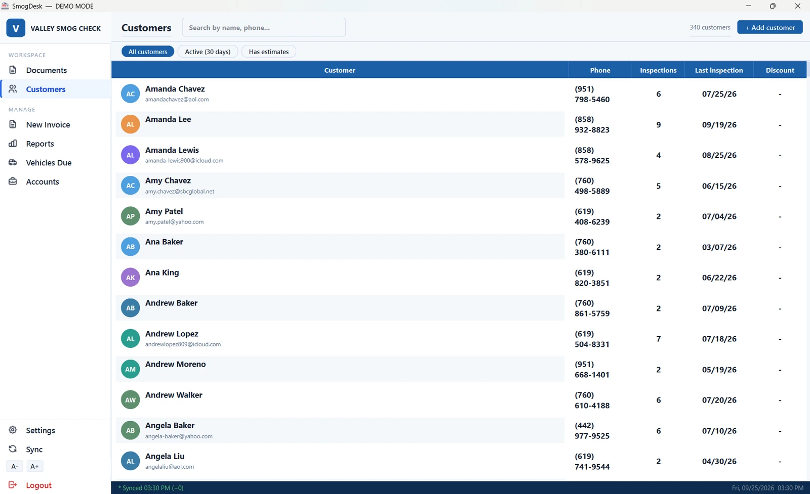 SmogDesk Customers screen in demo mode