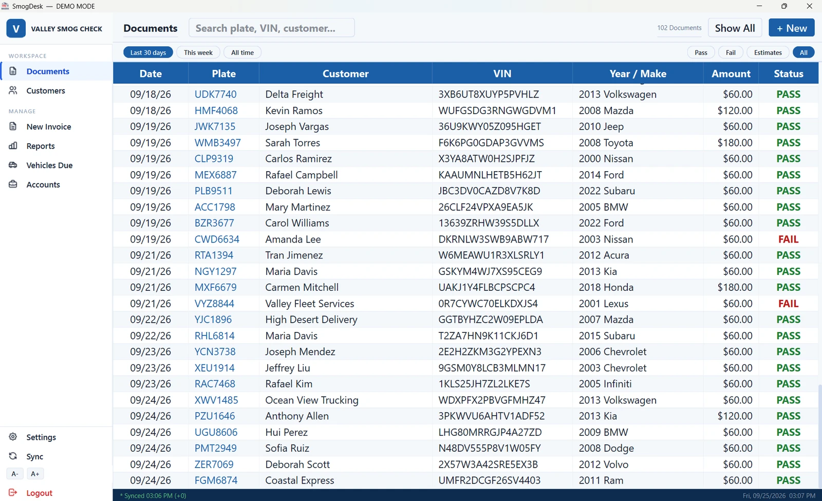 Documents screen: every invoice in one table with date, plate, customer, VIN, vehicle, amount, and pass or fail
