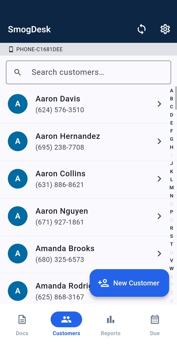 Customer list with A to Z index and New Customer button