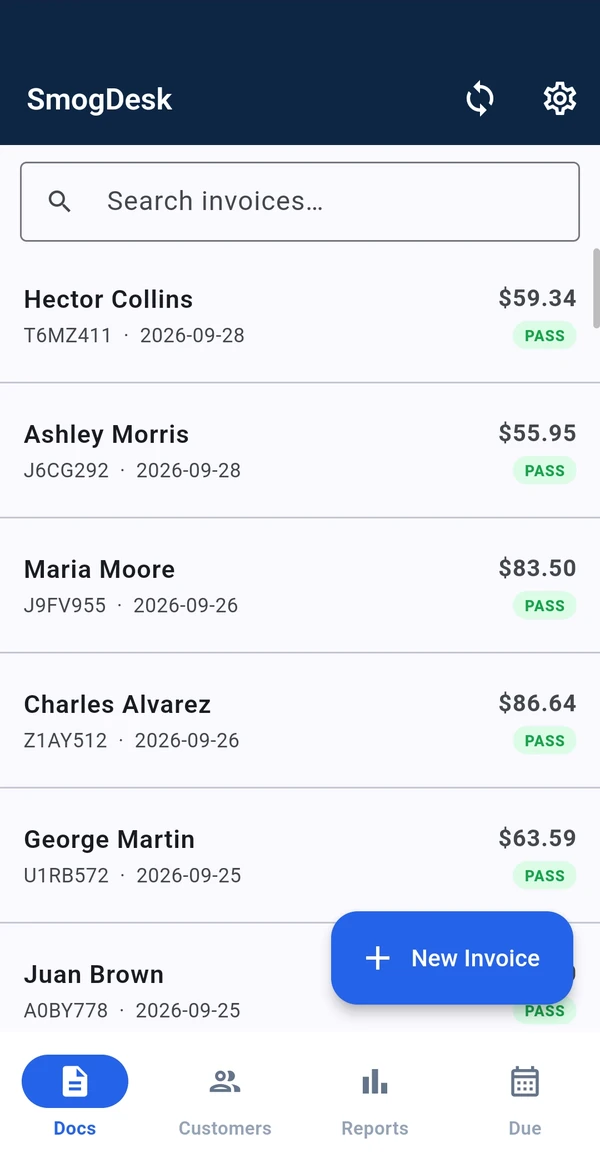 SmogDesk invoice list on a phone