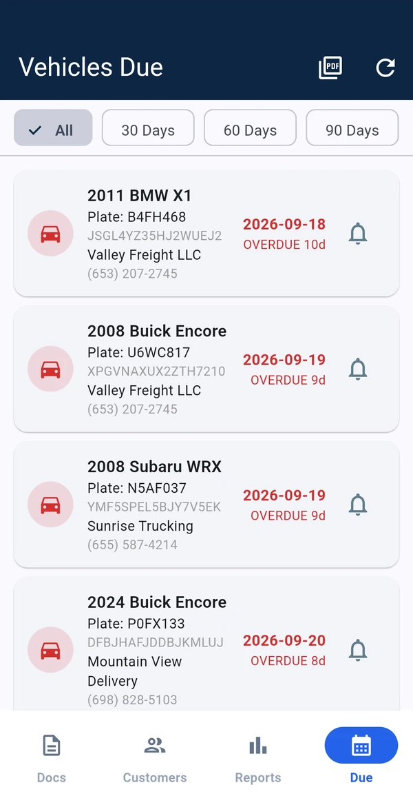 Vehicles due list with overdue vehicles and reminder bells