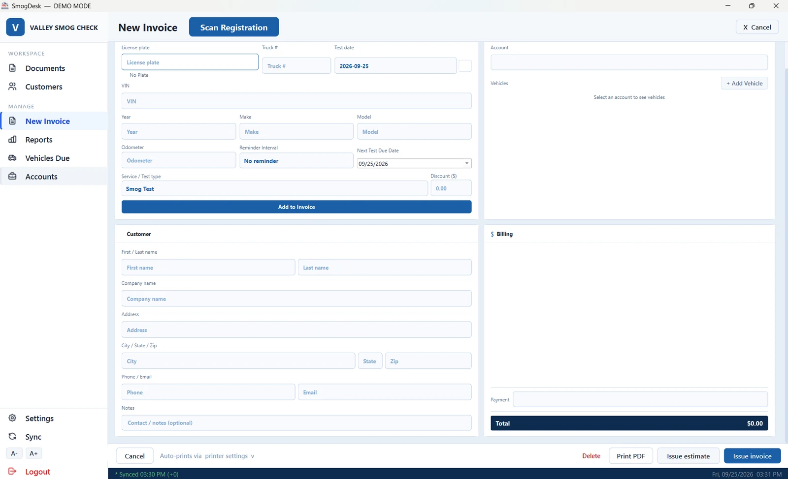 New Invoice screen with Scan Registration, vehicle, customer, and billing sections