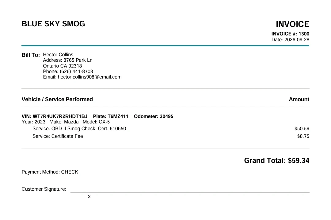 Sample invoice PDF with vehicle, service, cert number, total, and signature line