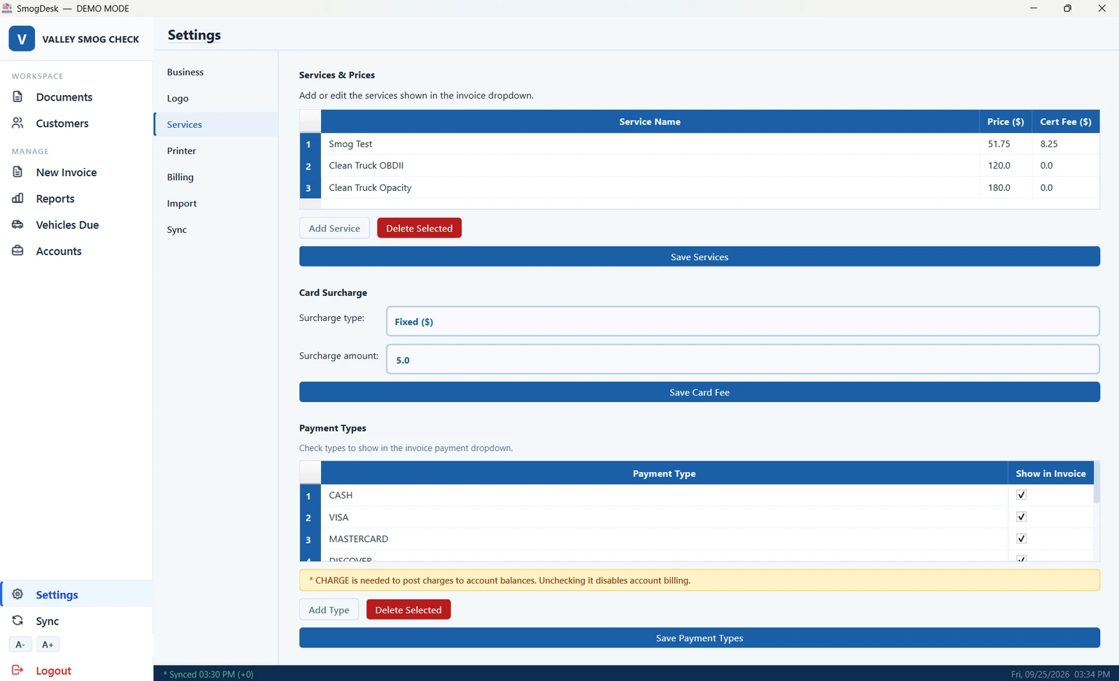 Settings screen with services and prices, card surcharge, and payment types